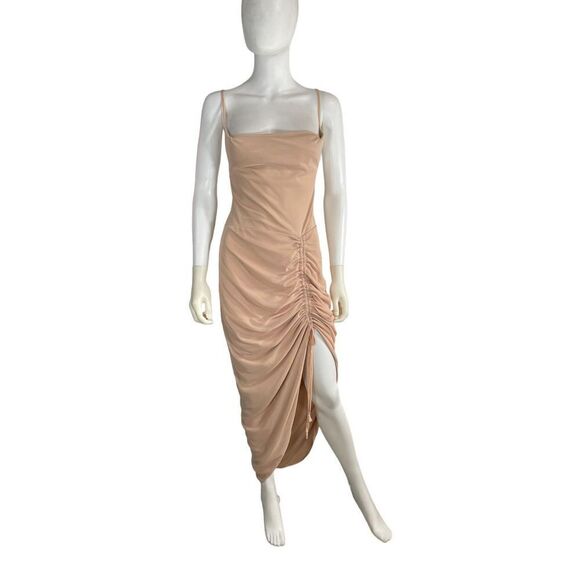 Pretty Little Thing Women’s 8 Nude Ruched Side Split Maternity MIDI Dress Mesh - Picture 10 of 10